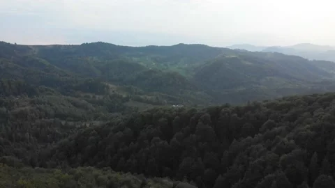 View from the top, the drone flight over the mountains and wild green forest. Stock Footage 196712353