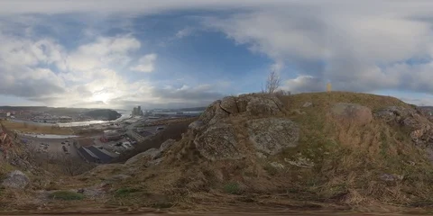View From Top of Hill, Small Town and River - 360 Stock Footage 101791731