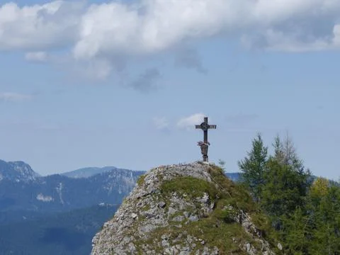 View of the top of the mountain with a cross Stock Photos