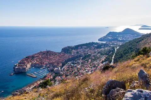 View from top of mountain near Dubrovnik over Old City over Dubrovnik, Croatia. Stock Photos