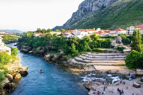 View from the top of Old Bridge in Mostar, Bosnia-Herzegovina. Stock Photos