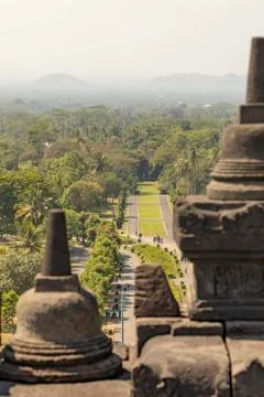 View from the top of one of the main access areas to the Borobudur temple Stock Photos