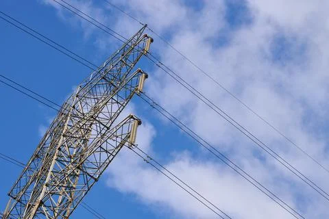 View of a top part of a high voltage tower Stock-Fotos