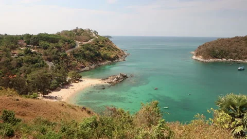 View from the top point to Yanui Beach. Beautiful sea which surrounds the hills. Stock Footage 145436926