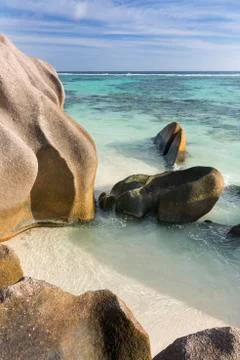 View from the top of a rock at Anse Source D'Argent in La Digue, Seychelles Stock Photos