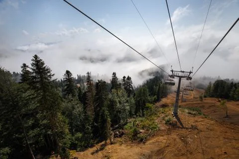 View from top of ropeway with multiple seats and stretched cables above trees in Stock Photos