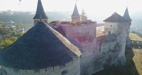 View from the top of the stone medieval architecture, a fortress with watchtower Stock Footage 97017362