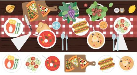 The view from the top on the table with dinner for two. Vector illustration of a Stock Illustration