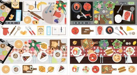 The view from the top on the table with dinner for two. Vector illustration of a Stock Illustration