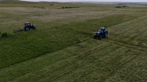 The view from the top. two tractors in the field to mow the grass. animal feed Stock Footage 132719405