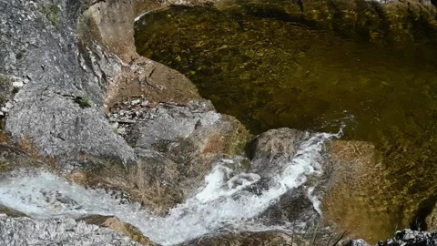 A view from the top of a waterfall in the mountains (slow motion) Video stock 219645273