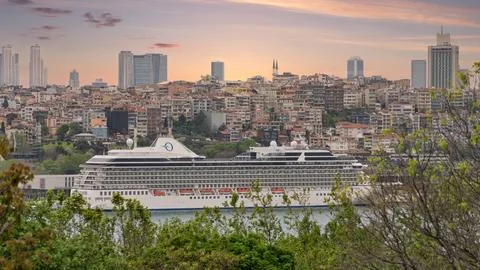 View from Topkapi palace of Bosphorus with MARINA cruise ship docked at Stock Photos