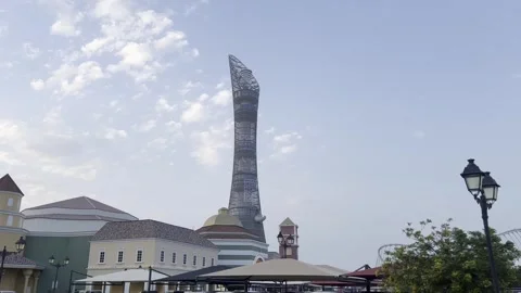 A view of The Torch Doha, a luxury hotel and iconic skyscraper located in the Stock Footage 337908295