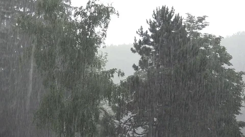 View of torrential rainfall at mountain heavy rain drops fall in summer storm Stock Footage 81966117