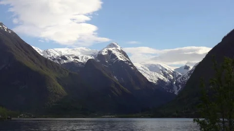 View toward Boejabreen glacier across the fjord Stock Footage 337017997