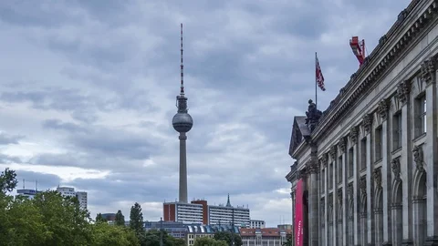 View towards Berlin TV tower from Monbijou Bridge next to the Bode Museum Stock Footage 121000457