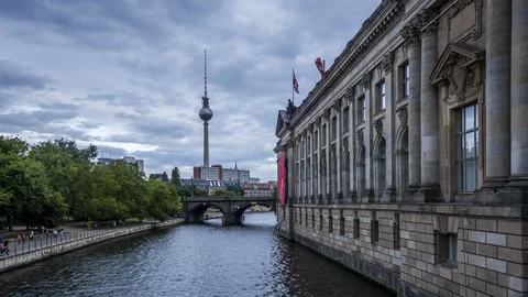 View towards Berlin TV tower from Monbijou Bridge. Stock Footage 121000516