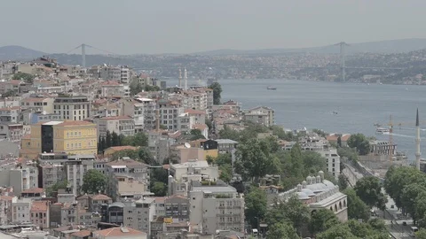 View towards Bosphorus from Galata Tower showing rooftops and buildings Stock Footage 92529106