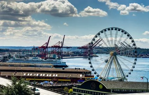 View towards ferris wheel in Seattle Washington United States of Stock Photos