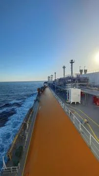 VIEW TOWARDS THE FORWARD OF AN LNG SHIP WHILE AT SEA. Stock Photos