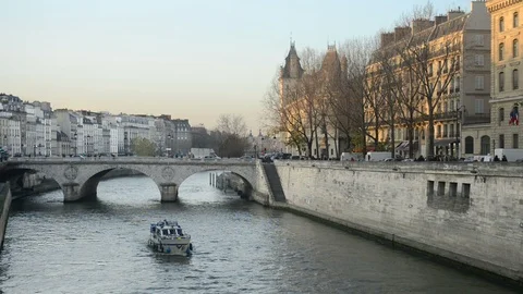 View towards Pont Saint-Michel with river Seine and buildings, Paris, France Stock Footage 122102001