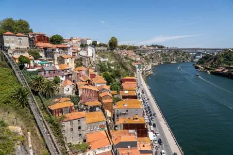 View towards the River Douro from the upper part steel bridge in Porto Stock Photos