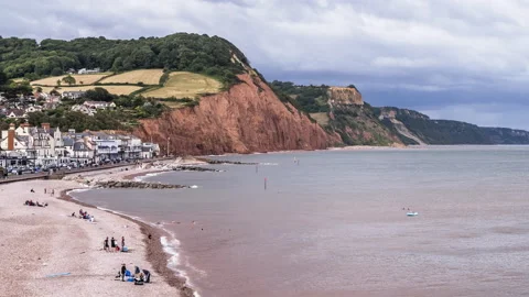View towards Sidmouth Beach in Devon in England - Time Lapse Video Video stock 136526000