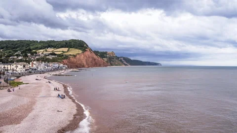 View towards Sidmouth Beach in Devon in England - Time Lapse Video Stock Footage 136526001