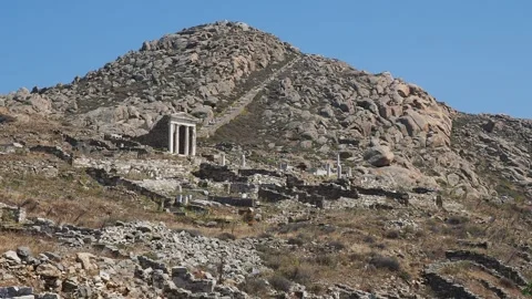 View towards the Temple of Isis and Mount Kynthos, Delos Archaeological Site, Stock Footage 273592268
