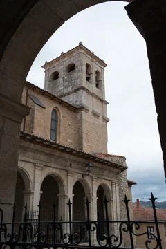 View of Tower and bells from below. Church of Santa Cruz, Medina de Pomar, Bu Stock Photos