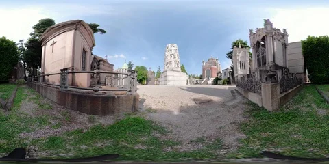 View of tower and statues in the famous monumental cemetery of Milan. 360VR Video stock 90626099