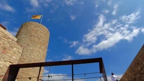 View of the tower and then the walls of the castillo de juan - Blanes Stock Footage 249464597