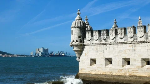 View of the tower of Belem, Tagus river, clear day and blue sky, Lisbon Video stock 109530643