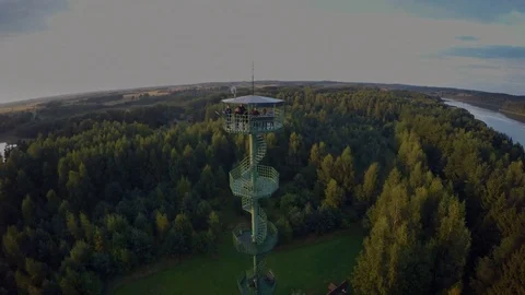 View tower from the bird fly, sunny sky, lake, forest. Sartai overview 스톡 동영상 73206323