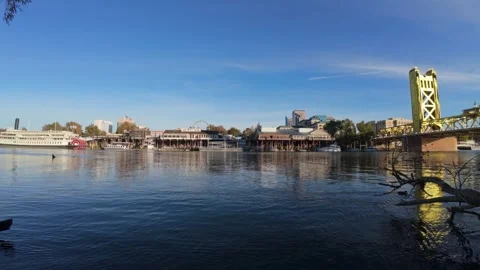 View of tower bridge and the delta king boat at old sacramento Stock Footage 292844098