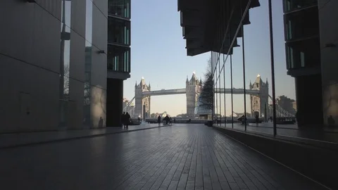View of the Tower Bridge between the buildings. Stock Footage 76199028