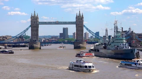 View of the Tower Bridge on the River Thames in London Stock Footage 108553711