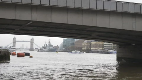 A view of the Tower Bridge from underneath a bridge. Stock Footage 143863492