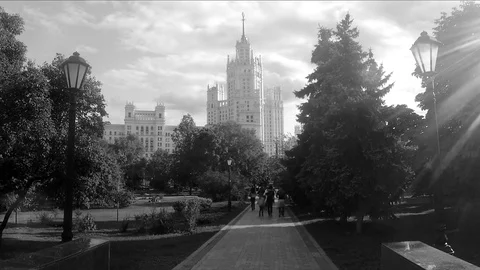 View of the tower from the city park black and white 스톡 동영상 82371028