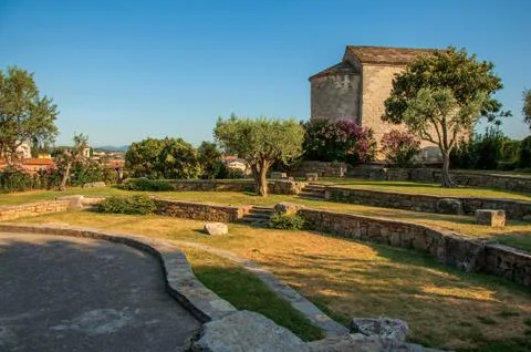 View of the tower clock garden on top of the hill in the sunset at Draguignan. Stock Photos