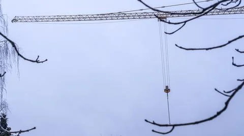 A view of a tower crane jib through the bare branches of a tree on the dusk g Stock Photos