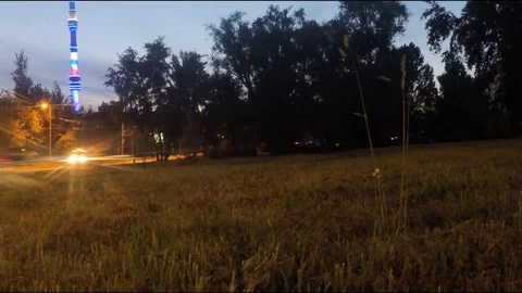 View Of The Tower From The Night Park Timelapse Stock Footage 77285643