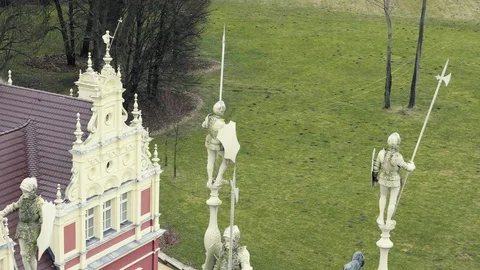 View from tower on roof of classicist castle with red facade Vídeo Stock 89782287