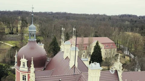 View from tower on roof of classicist castle with red facade Stock Footage 90160389