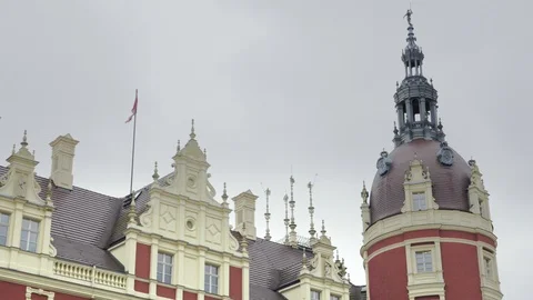 View from tower on roof of classicist castle with red facade Видео 95352842
