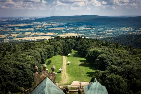 A view from a tower of Swiety Krzyz Church, Swietokrzyskie Mountains, Poland. Stock Photos