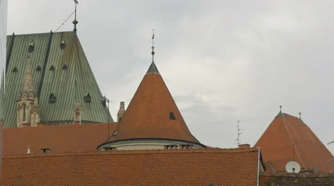 View of the tower of Zagreb Cathedral's wall and its roof in Zagreb Stock Footage 60798642