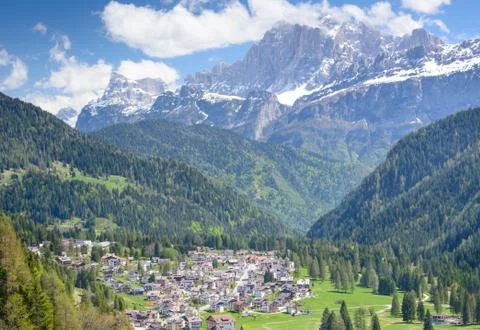 View of the town and the Dolomites Stock Photos