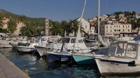 View of the town and harbour of Hvar, Hvar Island, Dalmatia, Croatia, Europe Stock Footage