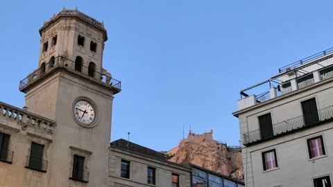 View of the town hall tower and Alicante castle in the evening. Stock Footage 153238825